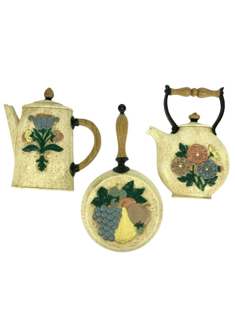 Syroco Vintage Wall Art Kitchen Decor Set 1995 Coffee Pot Tea Kettle Skillet